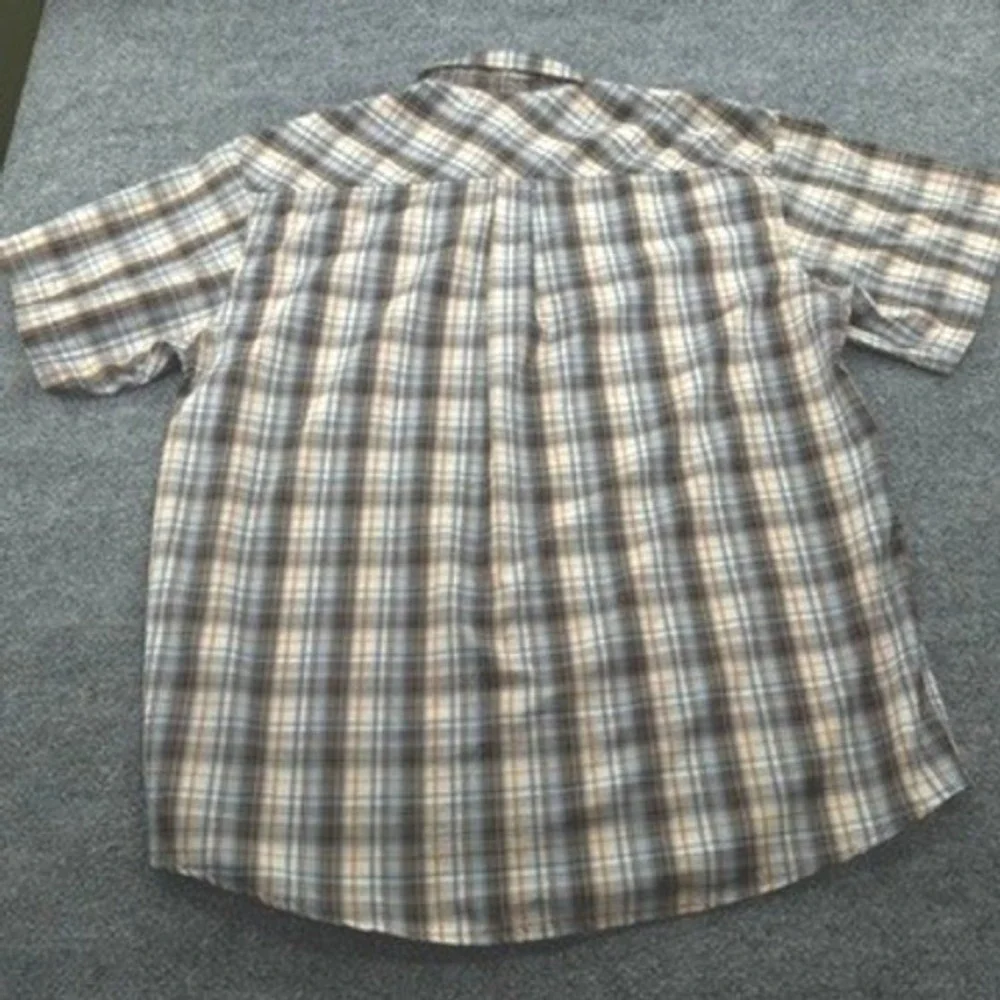Polo Ralph Lauren Shirt Large Plaid S/S Snap Button Down Cotton Brown Blue L